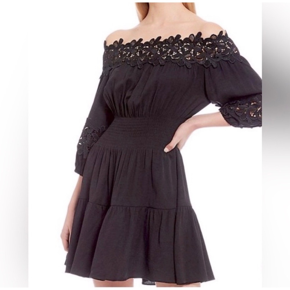 Gianni Bini Dress Off-Shoulder Crochet Lace Smocked Size L Dark Navy Women